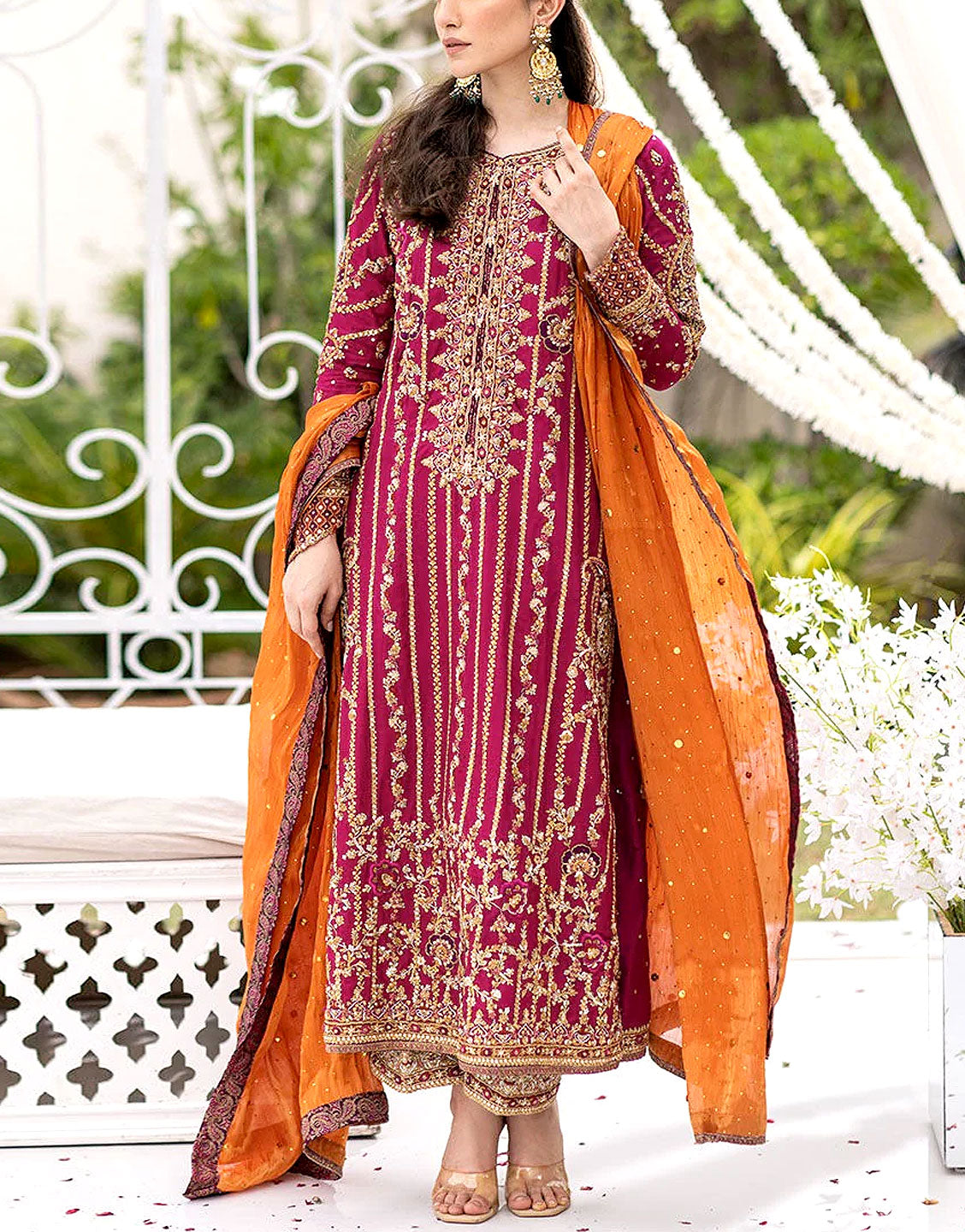 Chiffon shirt popular with Velvet shawl and pant. Party wear. Formal pakistani designer wear.