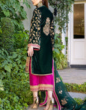 Luxury Embroidered Green Velvet Dress with Emb. Organza Dupatta (DZ16734)