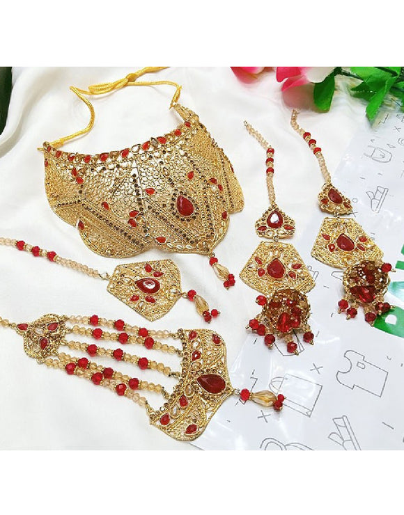 Bridal Collar Choker Jewellery Set with Earrings, Jhumar and Maang Teeka (DZ16745)