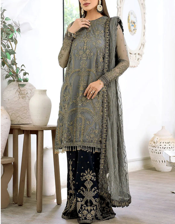 Luxury Heavy Embroidered Net Wedding Dress with Emb. Silk Trouser (DZ16750)