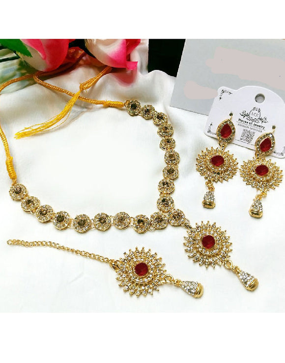 Elegant Maroon Stone Jewelry Set with Earrings & Tikka (DZ16766)