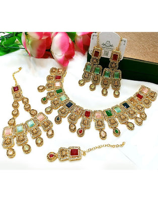Multicolor Stones & Zircon Studded Bridal Jewellery Set with Earrings, Jhumar & Teeka (DZ16788)