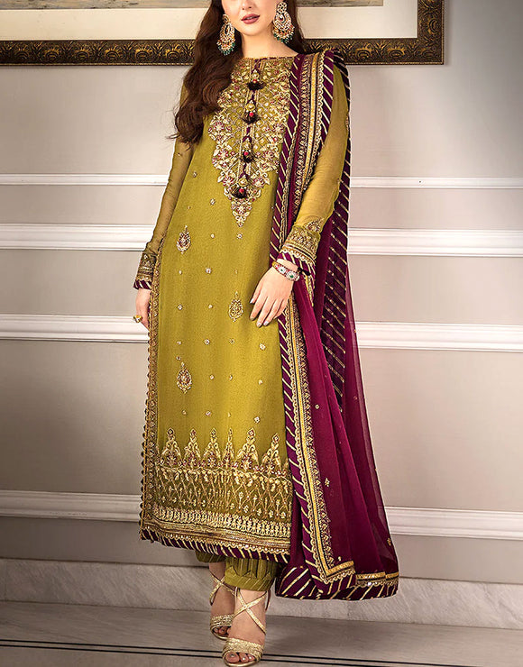Heavy Embroidered Chiffon Mehndi Dress 2024 (DZ16796)