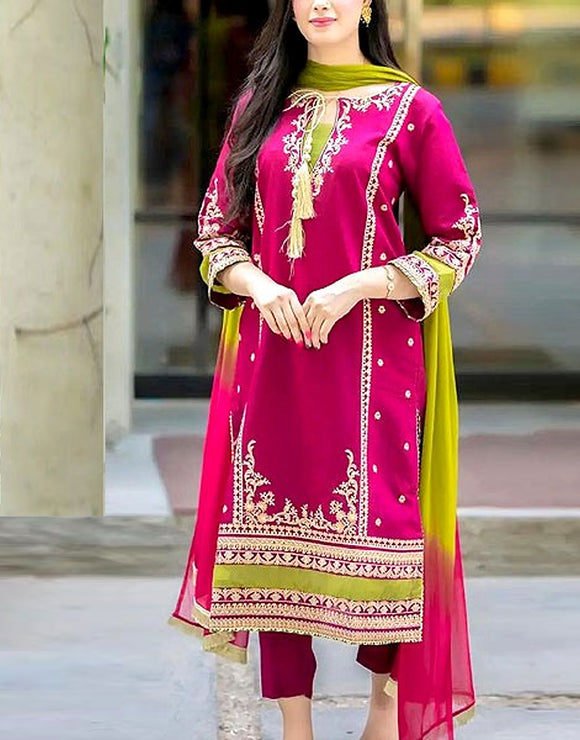 Fancy Embroidered Lawn Dress with Tie & Dye Diamond Dupatta (DZ17074)