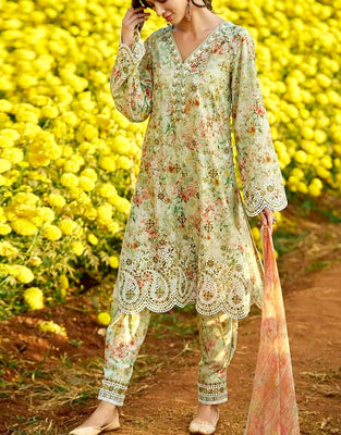 Digital Print Schiffli Embroidered Lawn Suit 2024 with Printed Silk Dupatta (DZ17078)