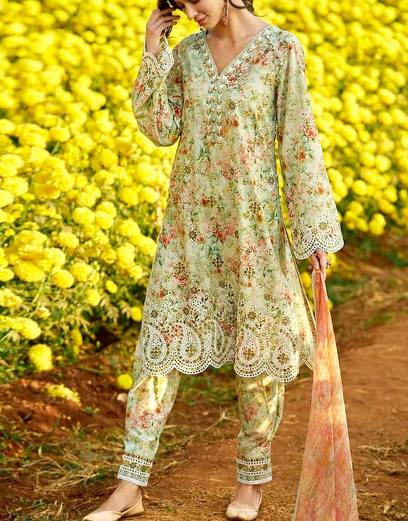 Digital Print Schiffli Embroidered Lawn Suit with Printed Silk Dupatta (DZ17078)