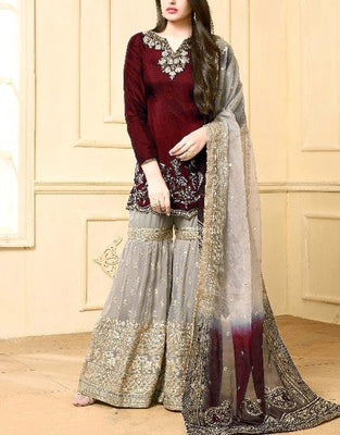 Indian Heavy Embroidered Chiffon Suit with Net Dupatta (DZ17080)
