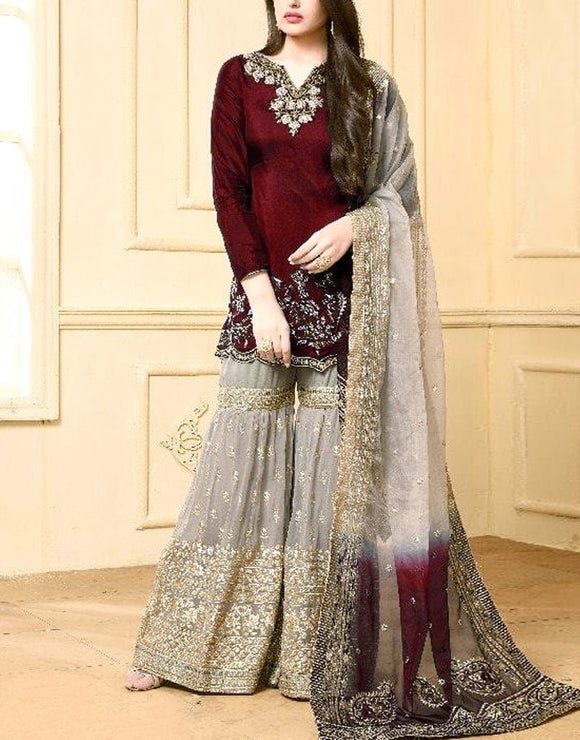 Indian Heavy Embroidered Chiffon Suit with Net Dupatta (DZ17080)