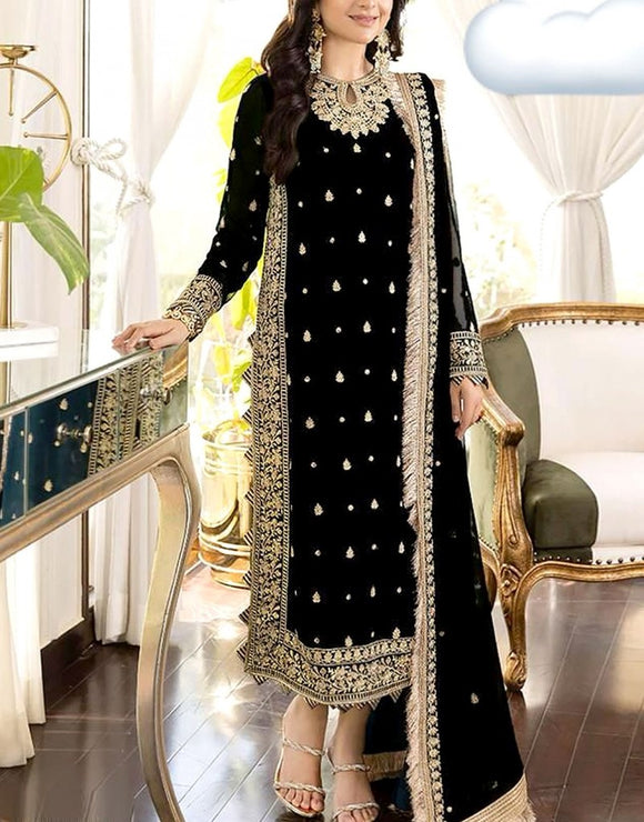 Heavy Embroidered Black Chiffon Wedding Dress 2024 (DZ17081)