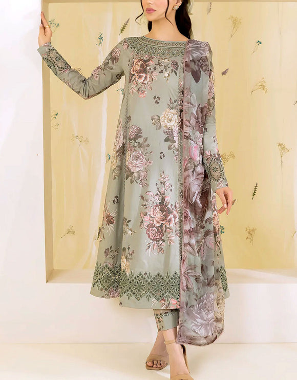 All-Over Digital Print Embroidered Lawn Dress 2024 with Silk Dupatta (DZ17161)