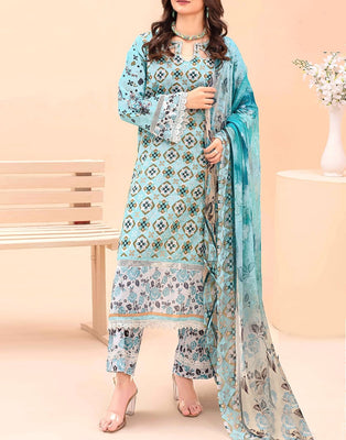 All-Over Digital Print Woolen Linen Suit with Linen Dupatta (DZ17524)