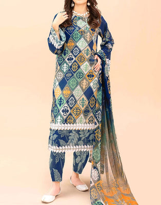 All-Over Digital Print Woolen Linen Dress with Linen Dupatta (DZ17526)