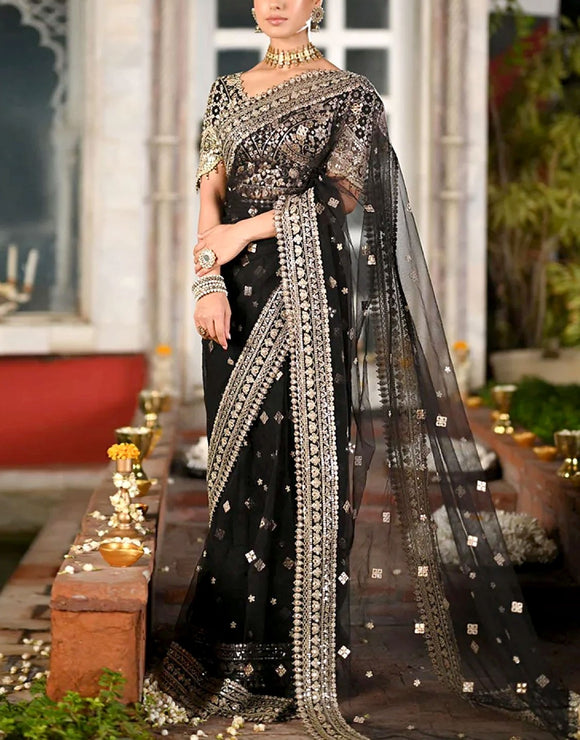 Luxury Heavy Embroidered Formal Black Net Wedding Saree (DZ17568)