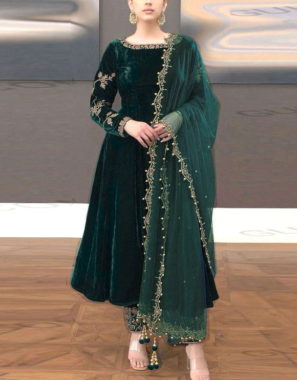 Decent Embroidered Bottle Green Velvet Dress with Organza Dupatta (DZ17639)