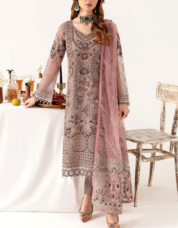 Heavy Embroidered with Handwork Chiffon Formal Dress with NET Dupatta (DZ17641)