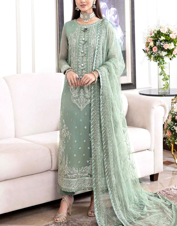 Heavy Embroidered Chiffon Party Dress with Embroidered Net Dupatta (DZ17646)