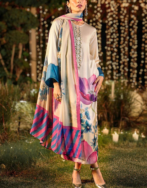 Digital Print Silk Party Wear Dress  with Silk Dupatta (DZ17653)