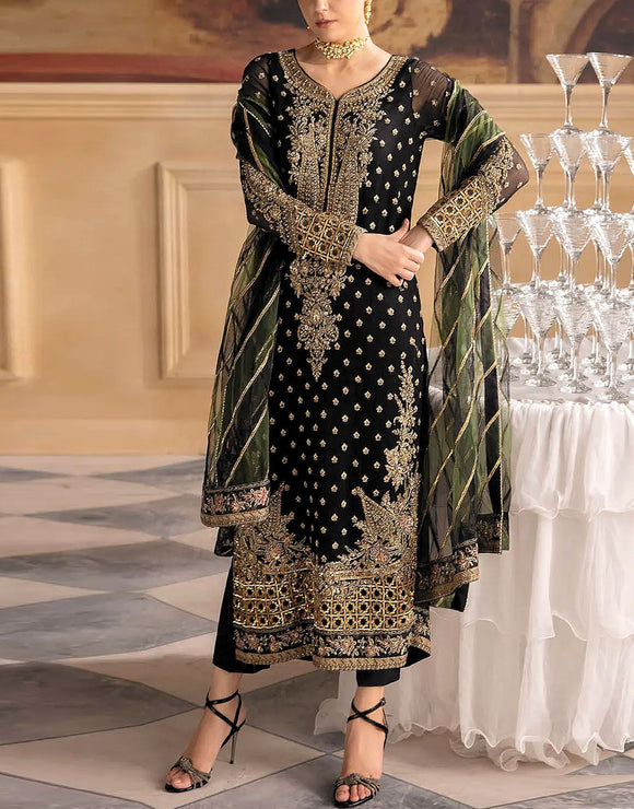 Heavy Embroidered Black Chiffon Party Dress with Emb. Organza Dupatta (DZ17660)