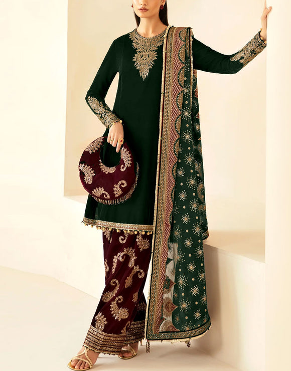 Formal Embroidered Velvet Party Wear Dress with Emb. Silk Trouser (DZ17664)