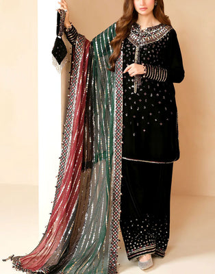 Fancy Embroidered Black Velvet Dress with Emb. Silk Trouser (DZ17666)