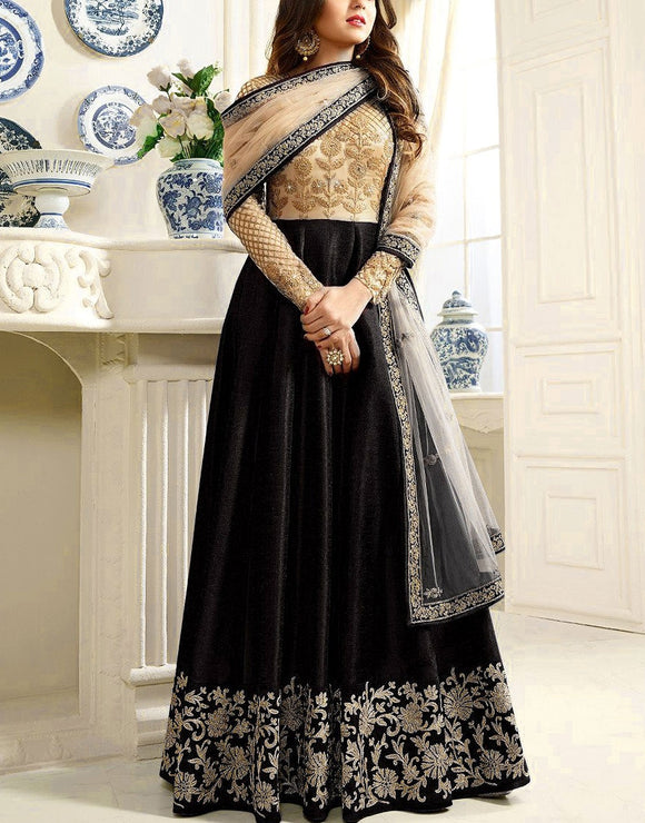 Indian Embroidered Black Chiffon Party Wear Maxi Dress (DZ17673)