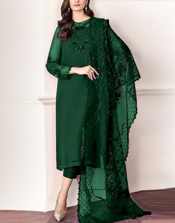 Fancy Embroidered Chiffon Party Wear Dress with Silk Trouser (DZ17805)