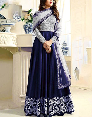 Indian Embroidered Navy Blue Chiffon Maxi Dress (DZ17806)