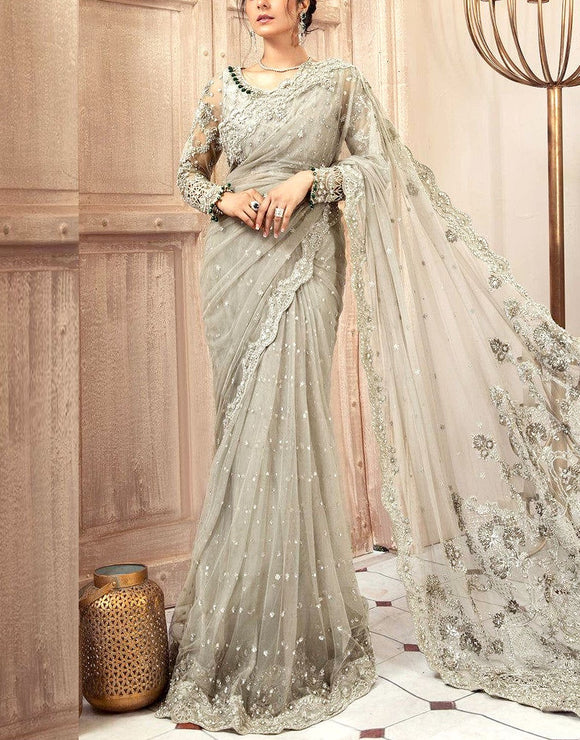 Luxury Handwork Heavy Embroidered NET Wedding Saree (DZ17815)