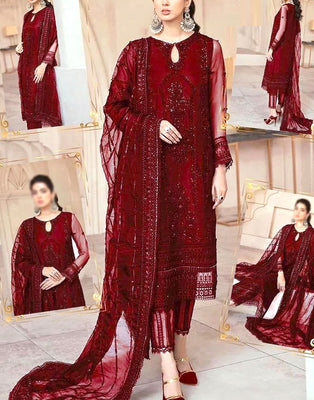 Luxurious Embroidered with Handwork Red NET Wedding Dress 2024 (DZ17817)