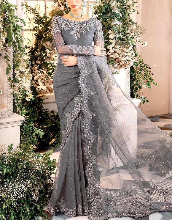 Luxury 3D Handwork Heavy Embroidered NET Bridal Saree 2024 (DZ17825)