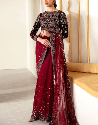 Luxury Heavy Embroidered Velvet + NET Bridal Saree (DZ17832)