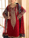 Heavy Embroidered with Handwork Red Chiffon Wedding Dress with Embroidered Silk Trouser (DZ17835)