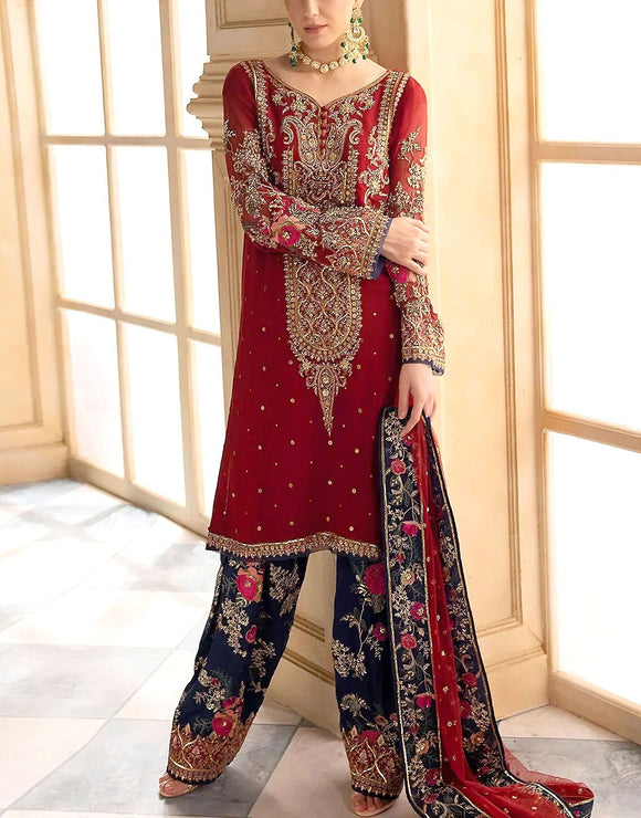 Heavy Embroidered with Handwork Red Chiffon Wedding Dress with Embroidered Silk Trouser (DZ17835)