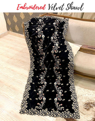 Premium Quality Heavy Embroidered Bridal Velvet Shawl - Black (DZ17836)