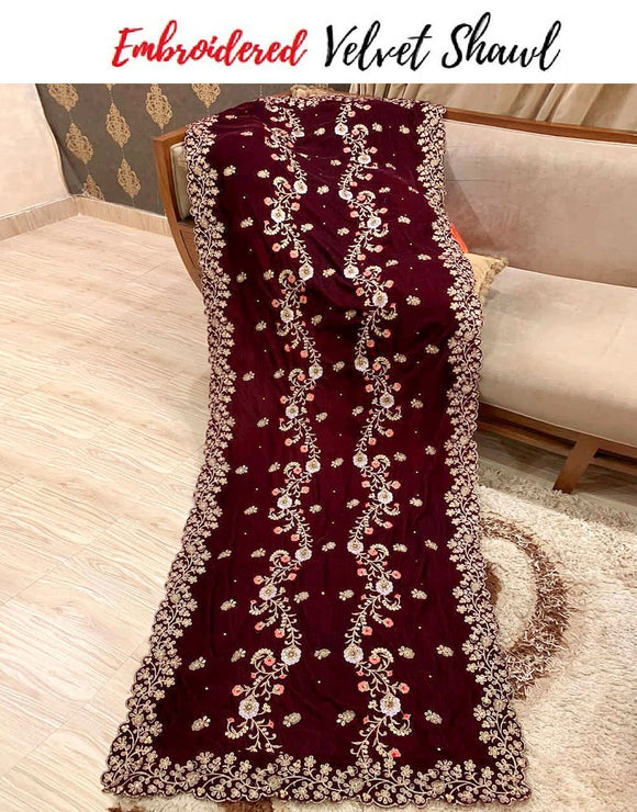 Premium Quality Heavy Embroidered Bridal Velvet Shawl - Maroon (DZ17837)