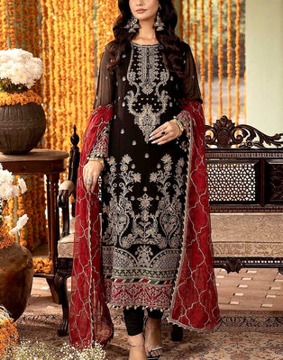 Elegant Heavy Embroidered Black Chiffon Party Wear Dress (DZ17847)