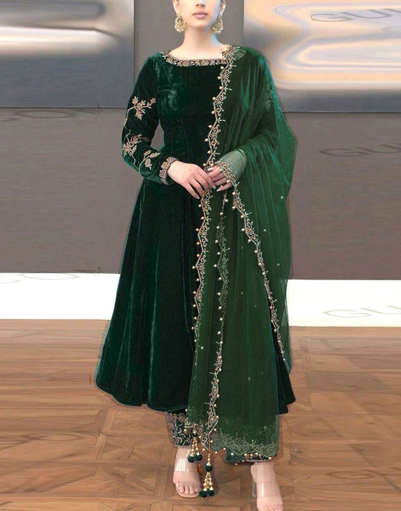 Decent Embroidered Bottle Green Velvet Dress with Organza Dupatta (DZ17851)