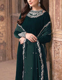 Decent Embroidered Velvet Party Wear Dress with Chiffon Dupatta (DZ17856)