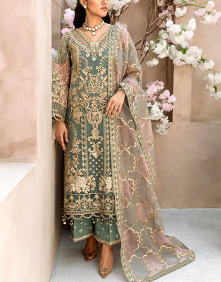 Luxurious Handwork Embroidered Organza Party Dress with Emb. Silk Trouser (DZ17859)