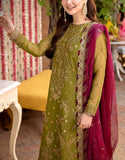 Heavy Embroidered Fancy Chiffon Mehndi Dress with Silk Trouser (DZ17861)