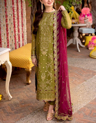 Heavy Embroidered Fancy Chiffon Mehndi Dress with Silk Trouser (DZ17861)