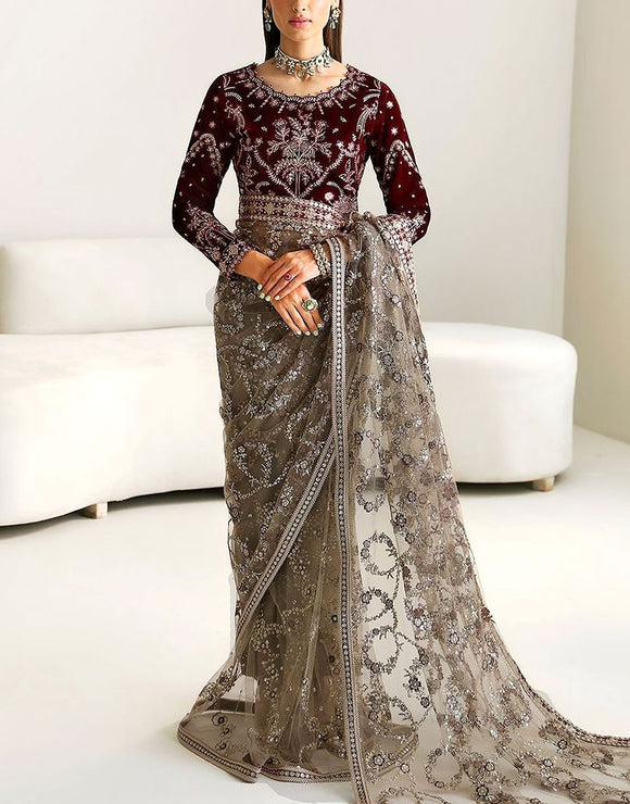 Luxury Heavy Embroidered Velvet + NET Bridal Wear Saree (DZ17862)