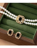 Elegant Double Row Faux Pearl Necklace & Stud Earrings Set (DZ17871)