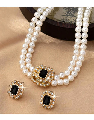 Elegant Double Row Faux Pearl Necklace & Stud Earrings Set (DZ17871)