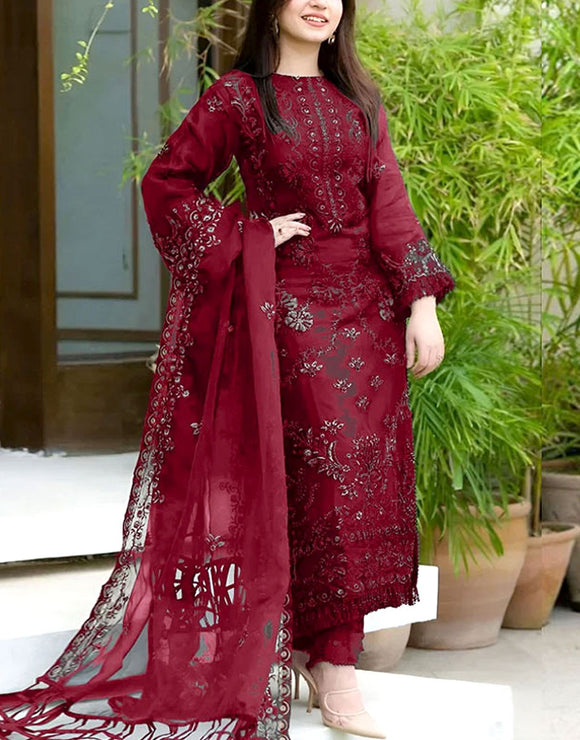 Luxury Embroidered Cotton Lawn Suit with Bamber Chiffon Dupatta (DZ17887)