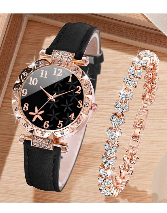 2-Piece Petal Design Dial Quartz Wristwatch with Bracelet Gift Set for Girls (DZ17898)