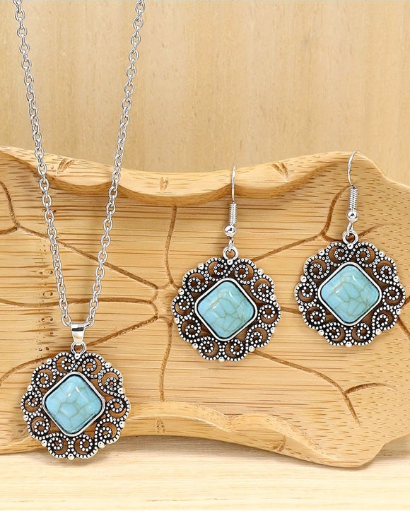 Vintage Silvery Rectangular Turquoise Necklace with Earrings Set (DZ17915)