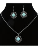 Vintage Silvery Rectangular Turquoise Necklace with Earrings Set (DZ17915)