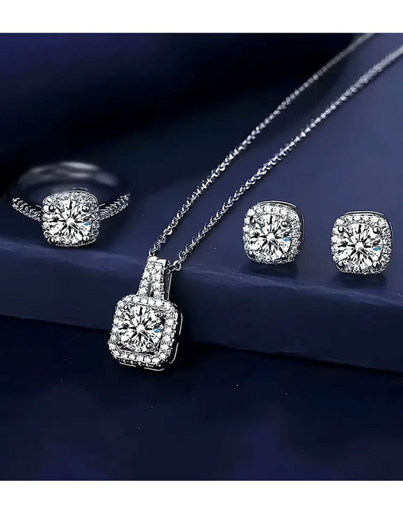 Elegant 3-Piece Silver Pendant Necklace Set with Ring, Earrings (DZ17917)