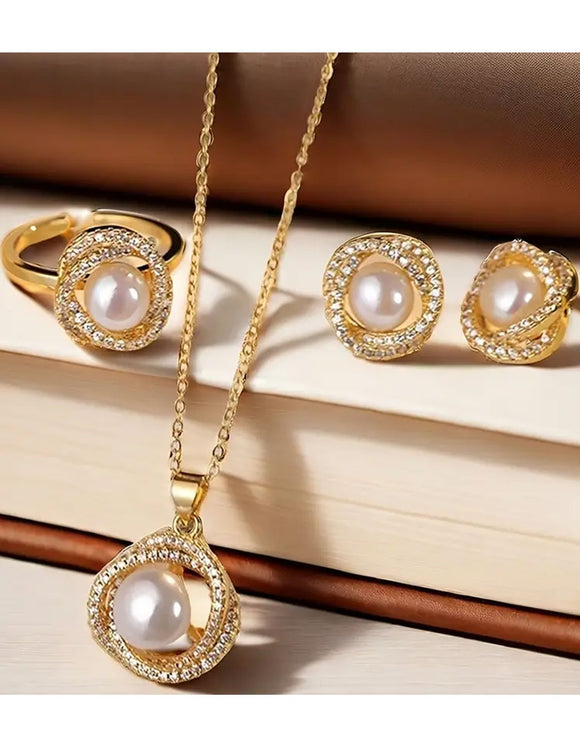 3-Piece Vintage-Inspired Faux Pearl & Rhinestone Necklace with Ring, Earrings (DZ17919)